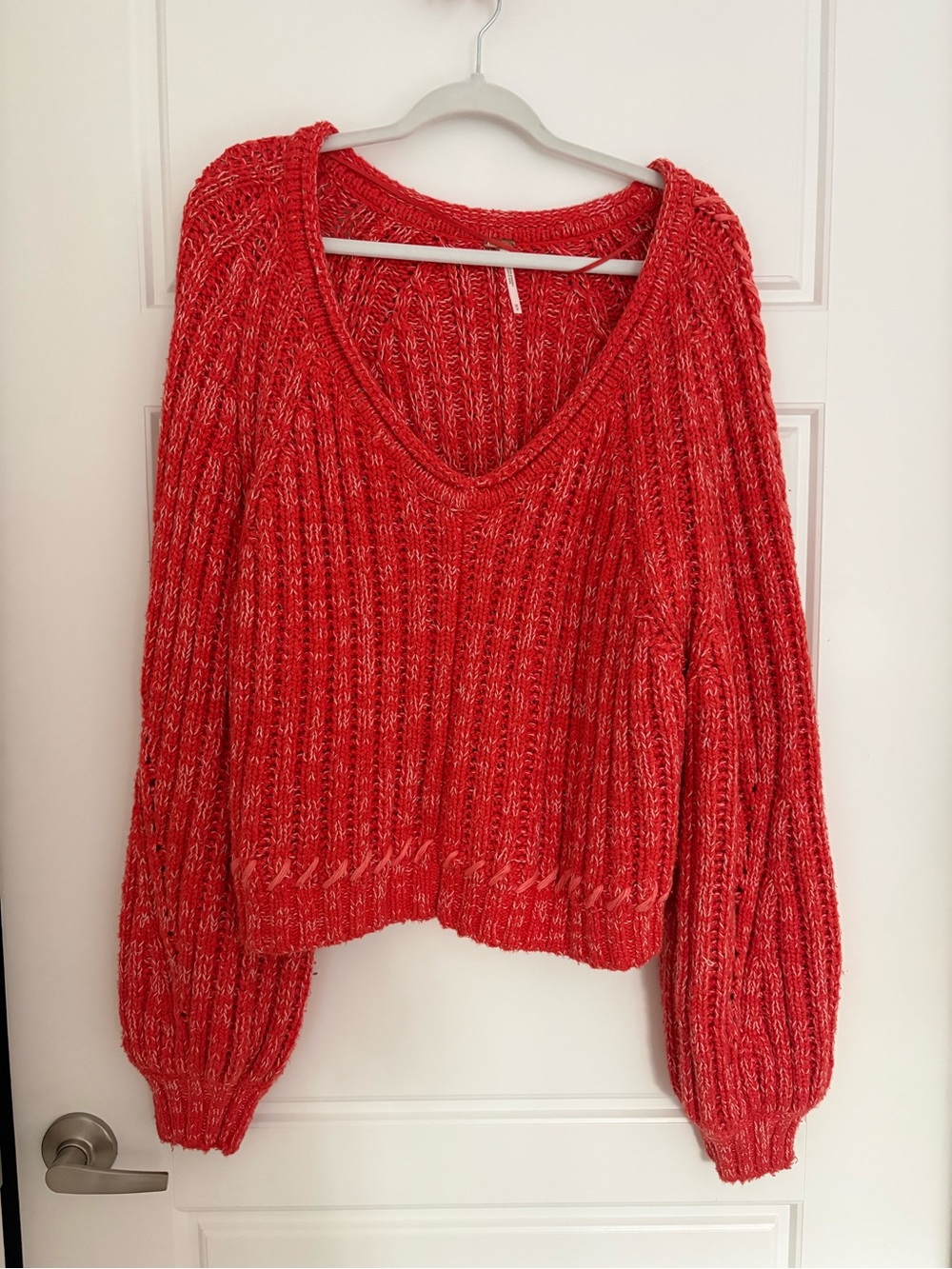 Free People - Orange-Red V-Neck Chunky Knit Sweater